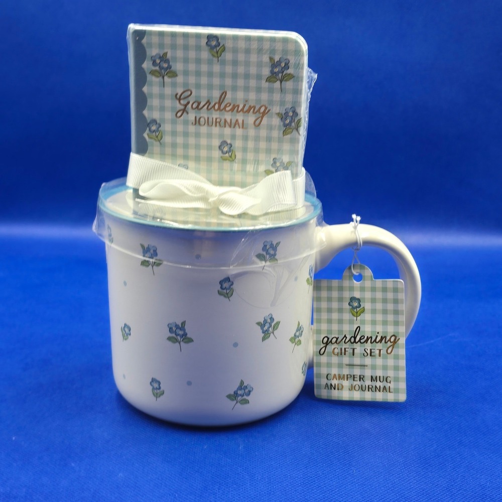 Sunday Morning Ceramics Gardening Gift‎ Set Blue Floral Camper Mug and Journal